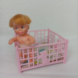 Vintage Doll with Playpen Pink Animals Unbranded Vintage Hong Kong